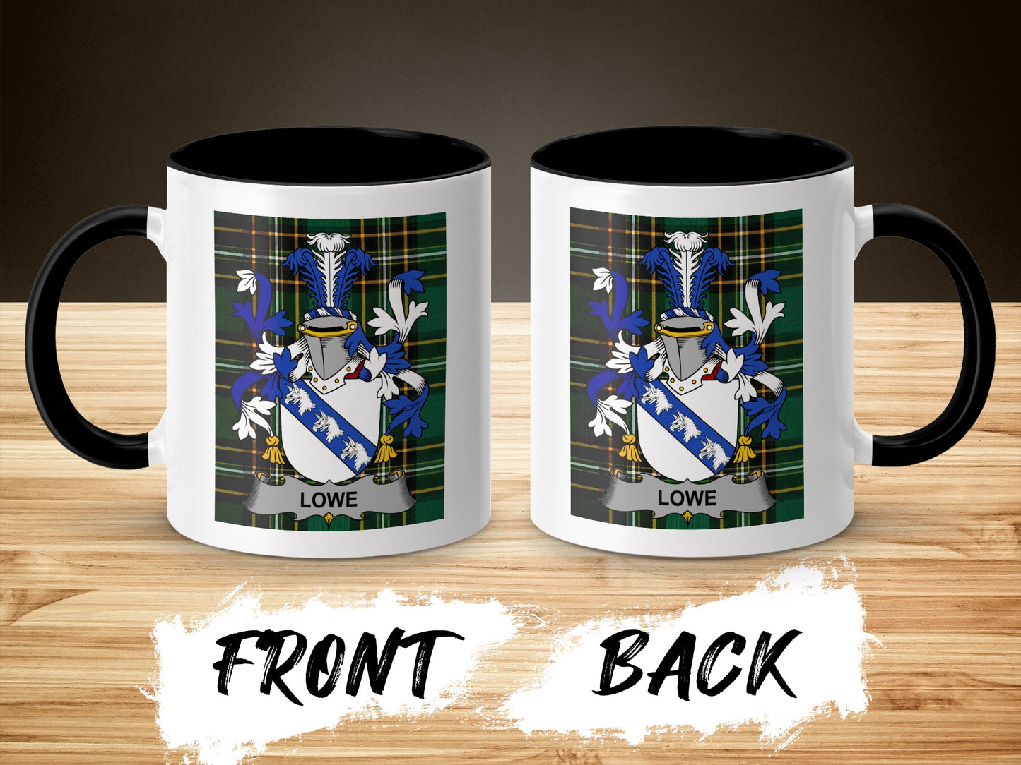 White mug with black handle, featuring a blue and white crest with the name "LOWE".