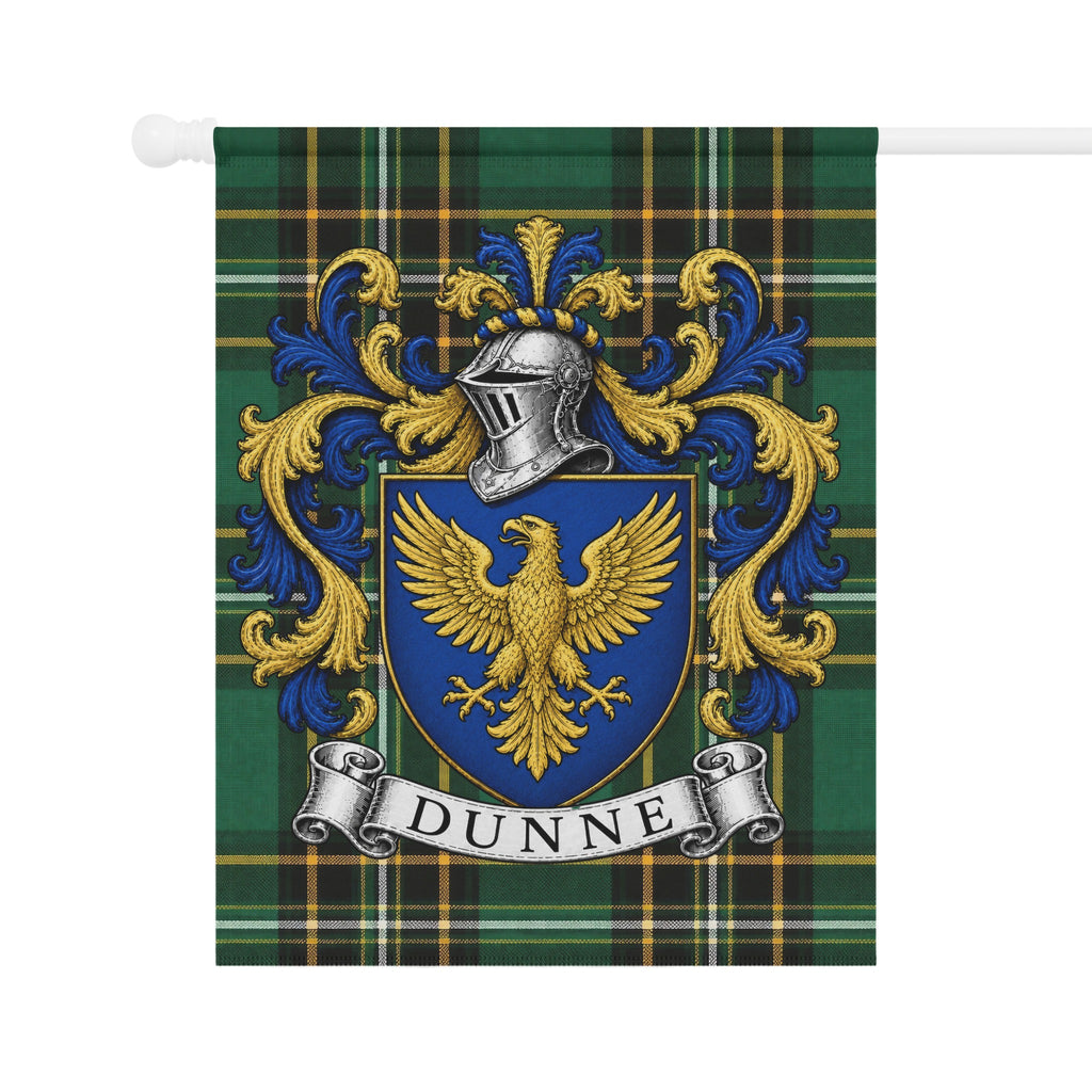 Dunne family crest flag with Irish National Tartan heritage design