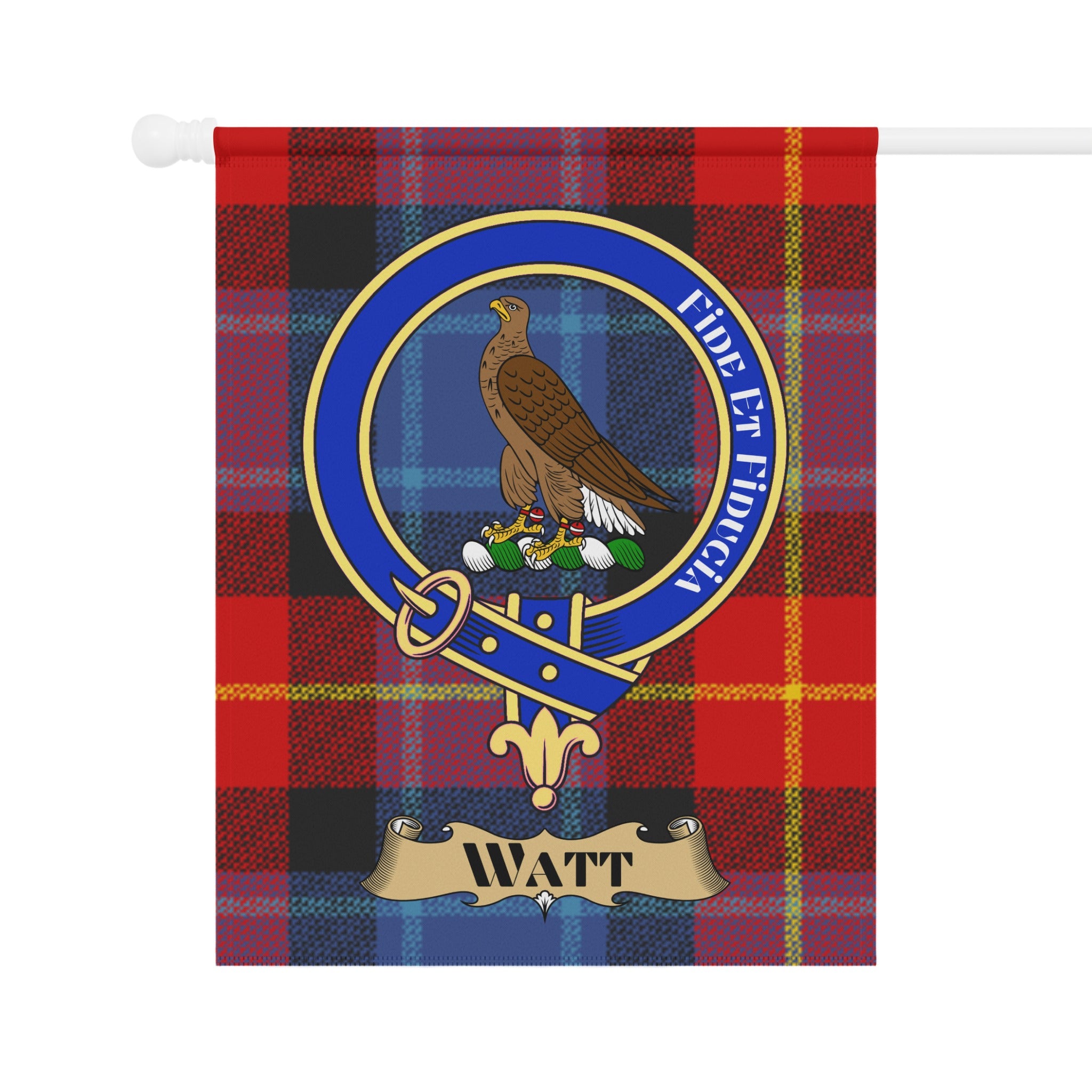 Watt clan crest tartan garden flag — full view