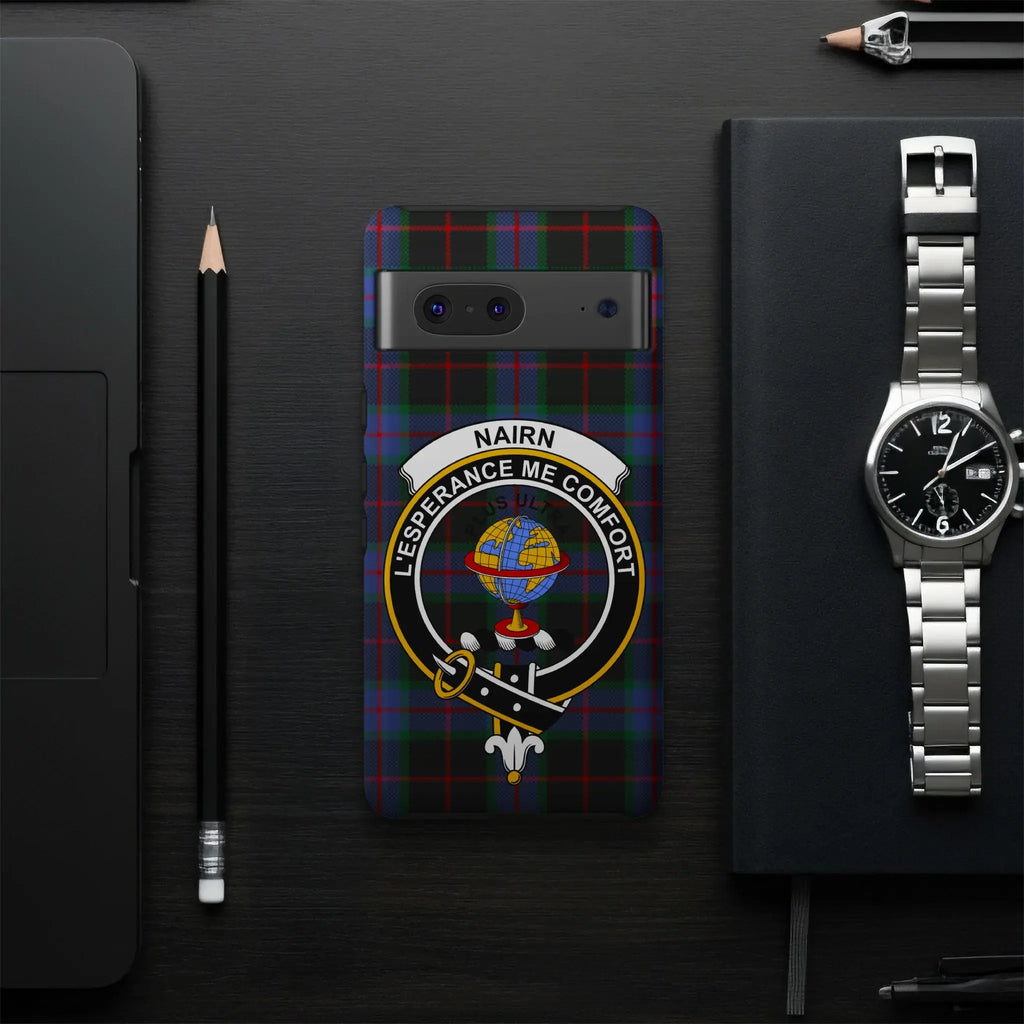 Nairn tartan phone case on Samsung Galaxy — full-colour crest wrap, impact-resistant glossy build