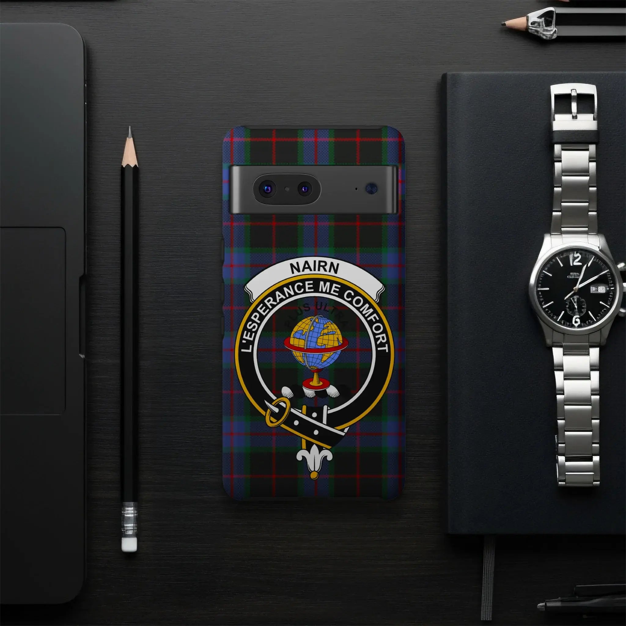 Nairn tartan phone case on Samsung Galaxy — full-colour crest wrap, impact-resistant glossy build