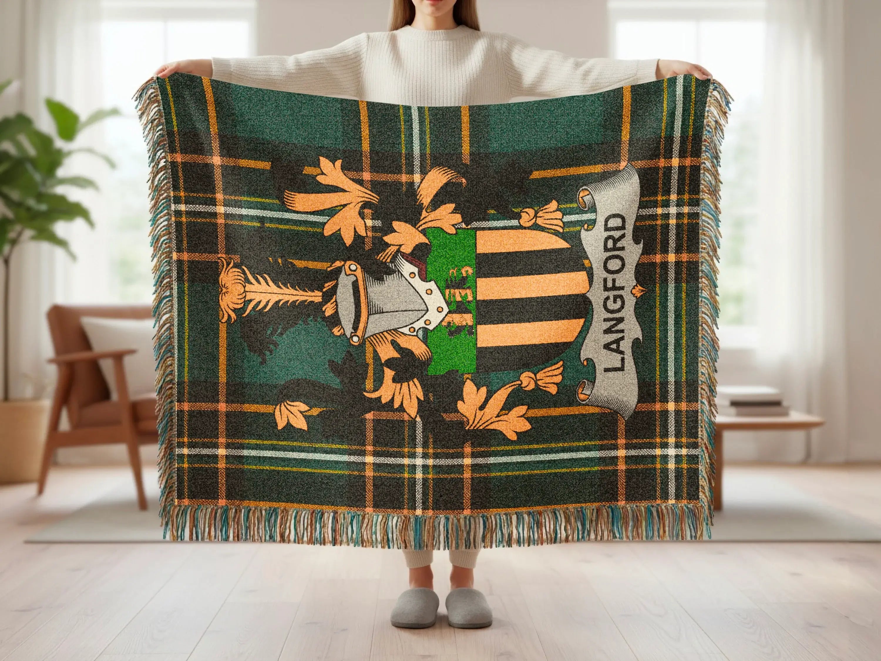 Tartan blanket with a crest featuring the name LANGFORD.