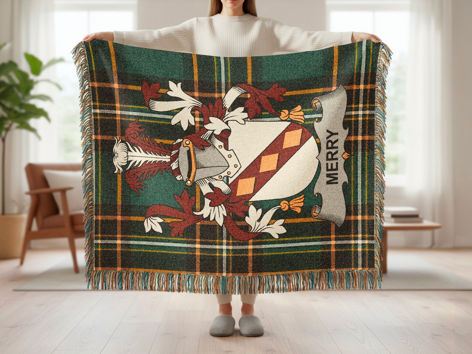 Tartan plaid blanket with a shield bearing the name MERRY.