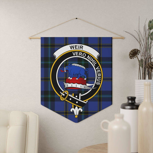 Weir Family Crest on Blue Scottish Tartan Wall Pennant - Celtic Ancestry Gifts