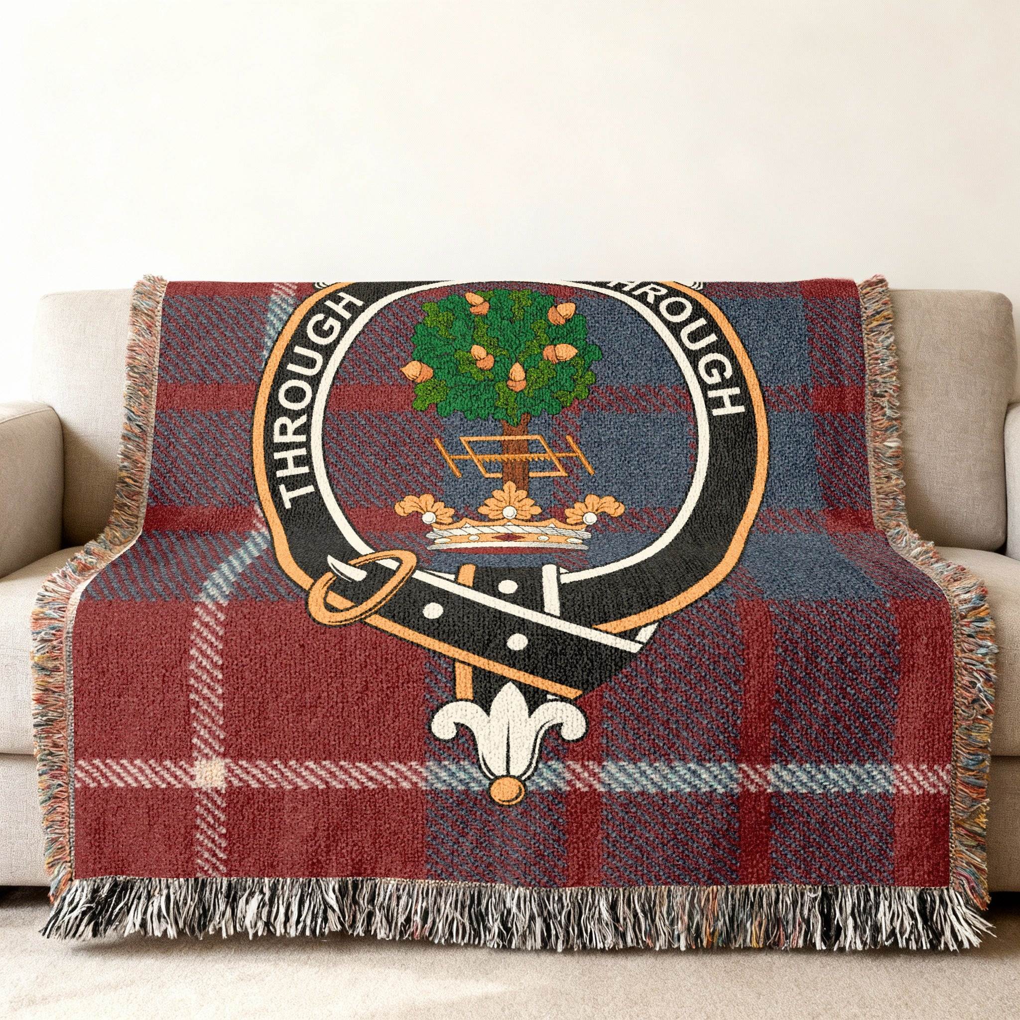 Hamilton clan crest tartan plaid woven blanket — Through motto at centre, fringe edges