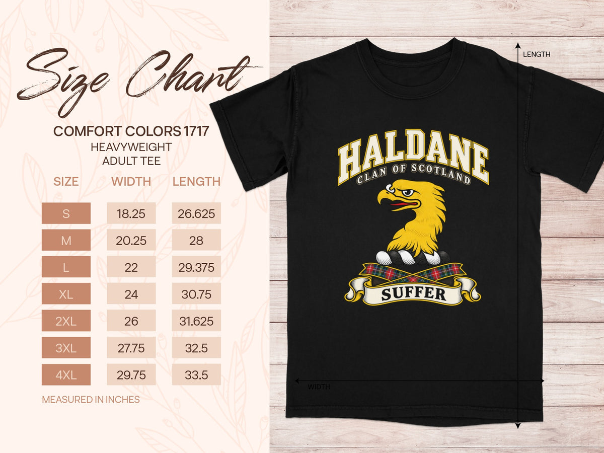 Comfort Colors 1717 size chart for the Haldane Scottish clan T-shirt, adult sizes S–4XL.