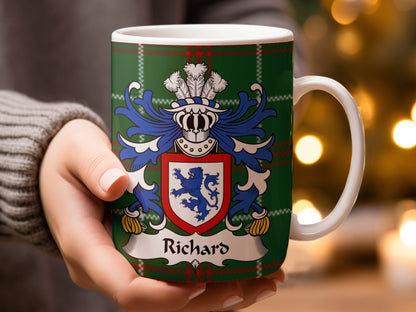 Richard Welsh Surname Coat of Arms Tartan Background Mug - Living Stone Gifts