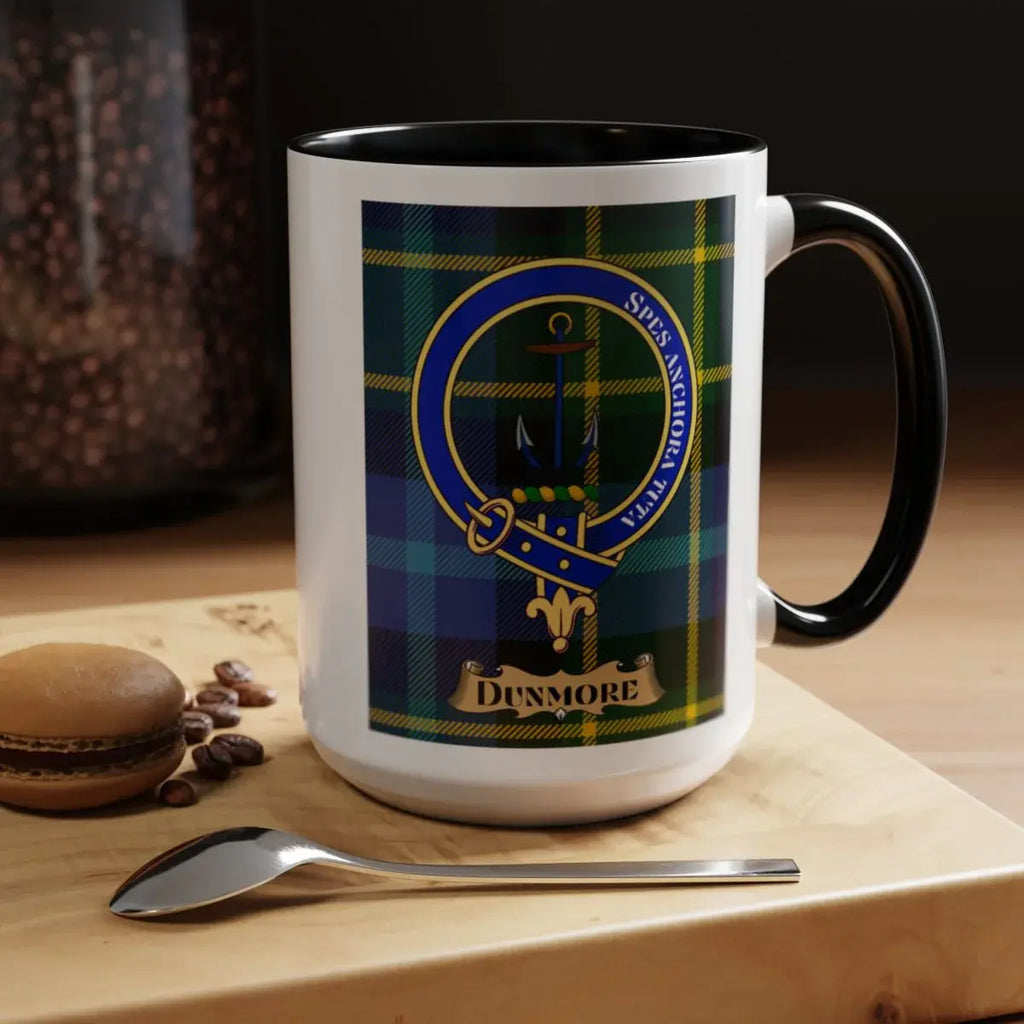 Close-up of the Dunmore clan crest printed on a ceramic mug