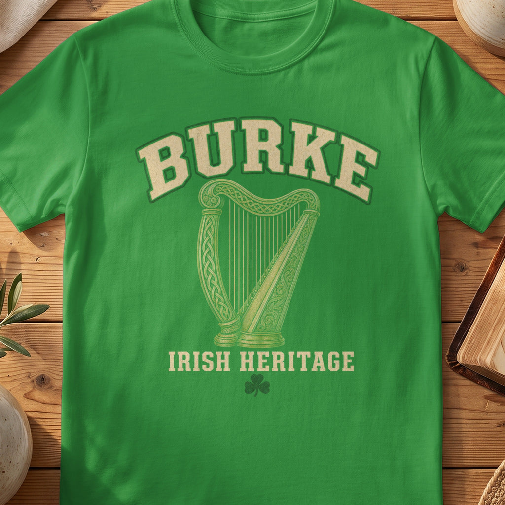 Burke Irish harp T-shirt in Irish Green, with cream surname lettering, a gold-toned harp, green shamrock and “Irish Heritage” text.