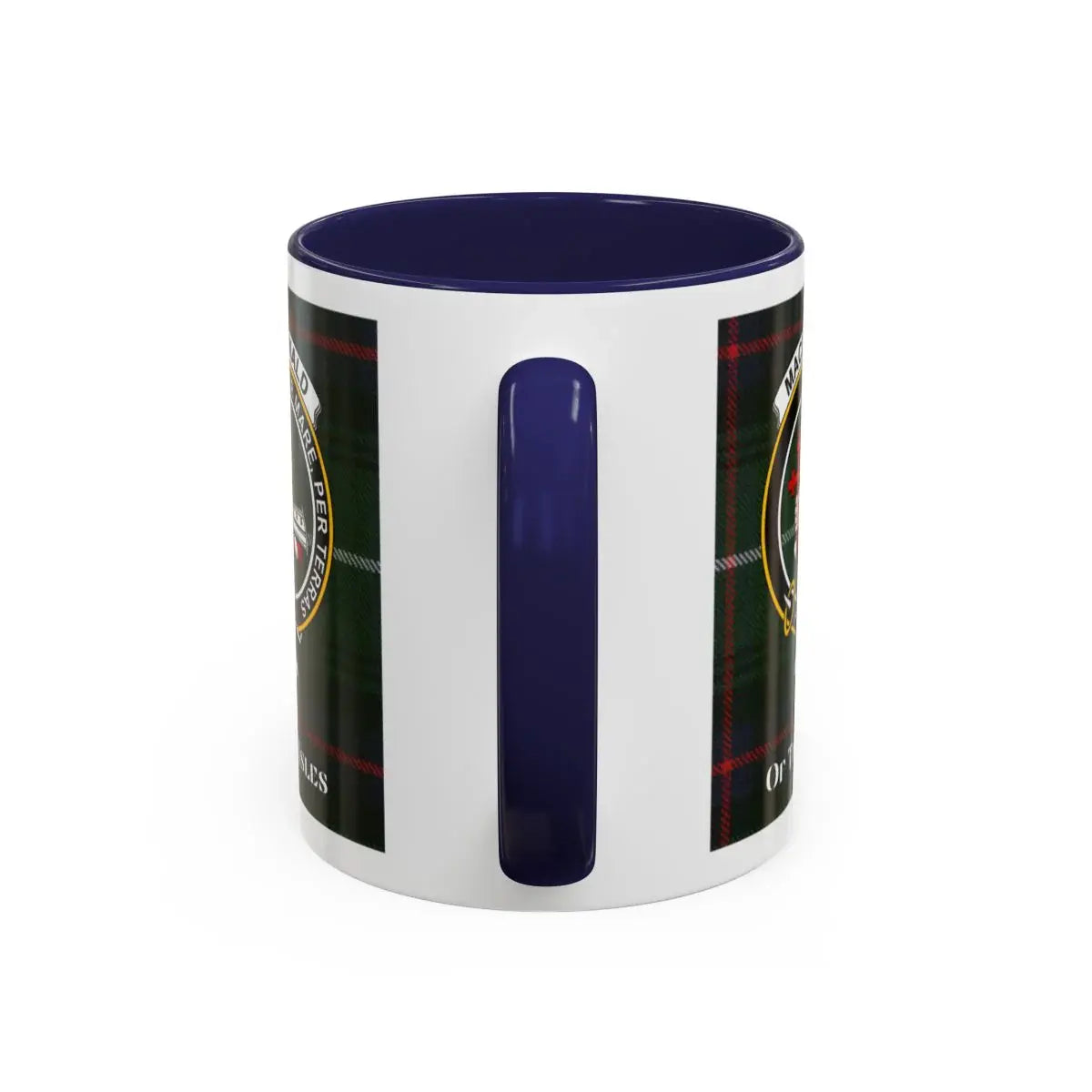 MacDonald of the Isles clan tartan crest mug with handle — By Sea By Land heraldic design