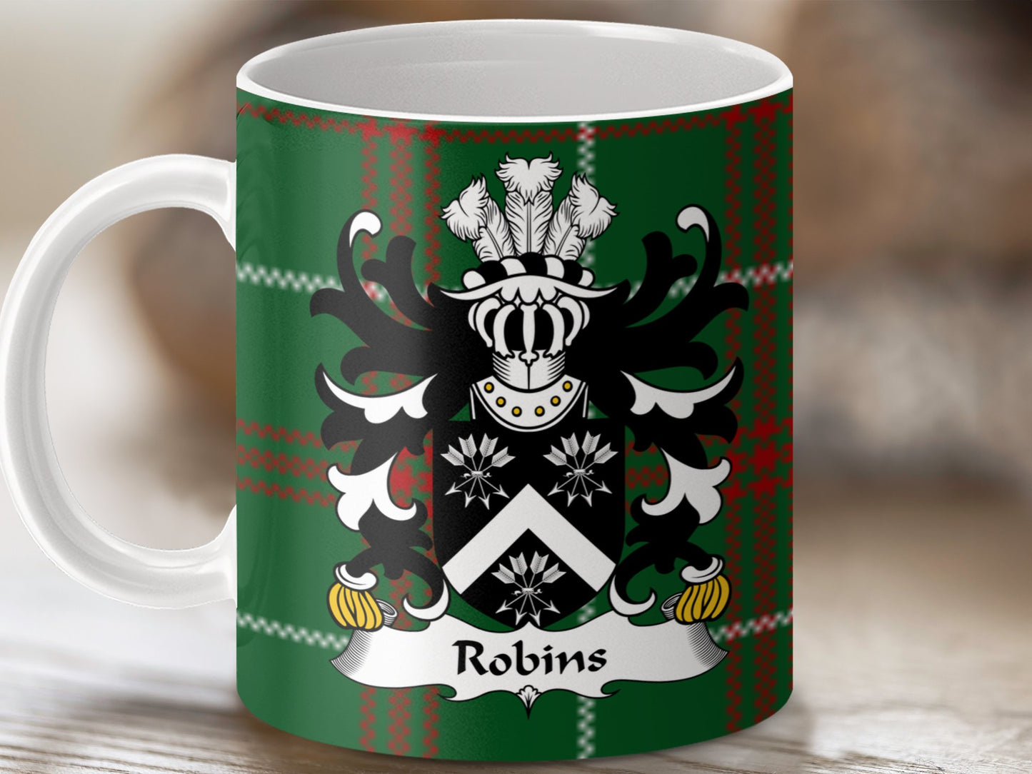 Robins Coat of Arms on Welsh Tartan Design Mug - Living Stone Gifts