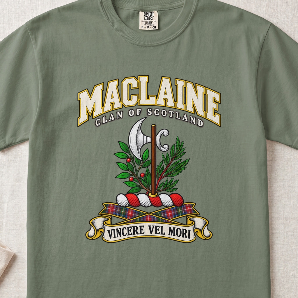 MacLaine Scottish clan T-shirt in Moss, front view with a silver axe framed by green foliage and motto banner.