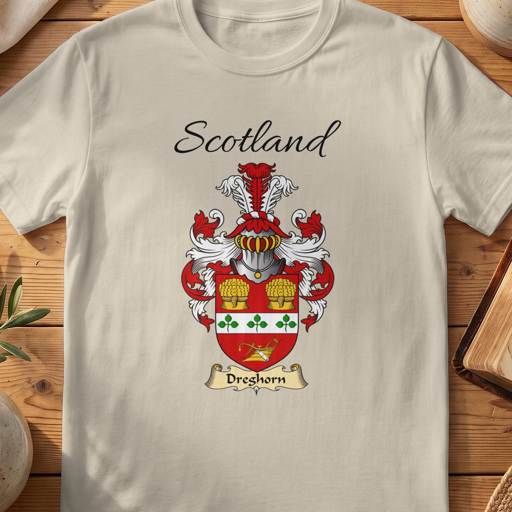 Sand Dreghorn Scottish family shield T-shirt featuring a red shield with a clover-patterned white band