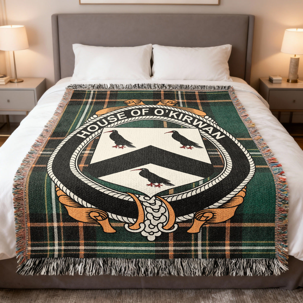 O'Kirwan Irish National Tartan woven blanket with family crest emblem