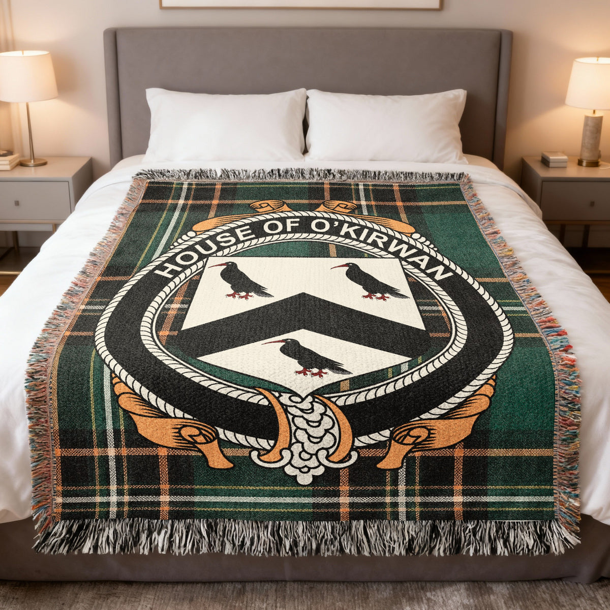 O'Kirwan Irish National Tartan woven blanket with family crest emblem
