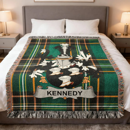 Green tartan blanket featuring the Kennedy family crest and name.