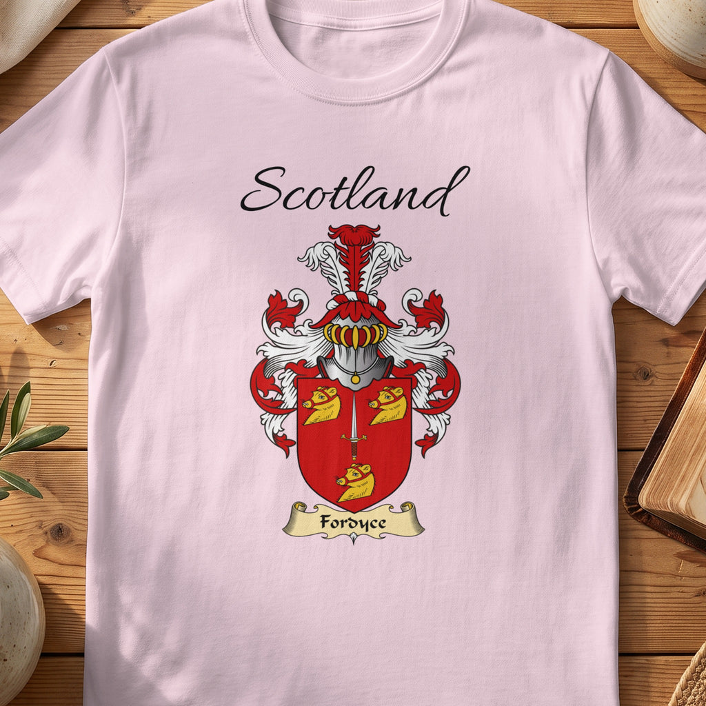 Light Pink Fordyce Scottish family shield T-shirt featuring gold animal heads on a red shield