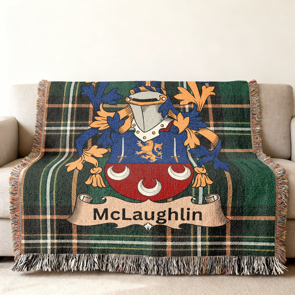 McLaughlin surname cotton woven throw with Irish tartan-style background