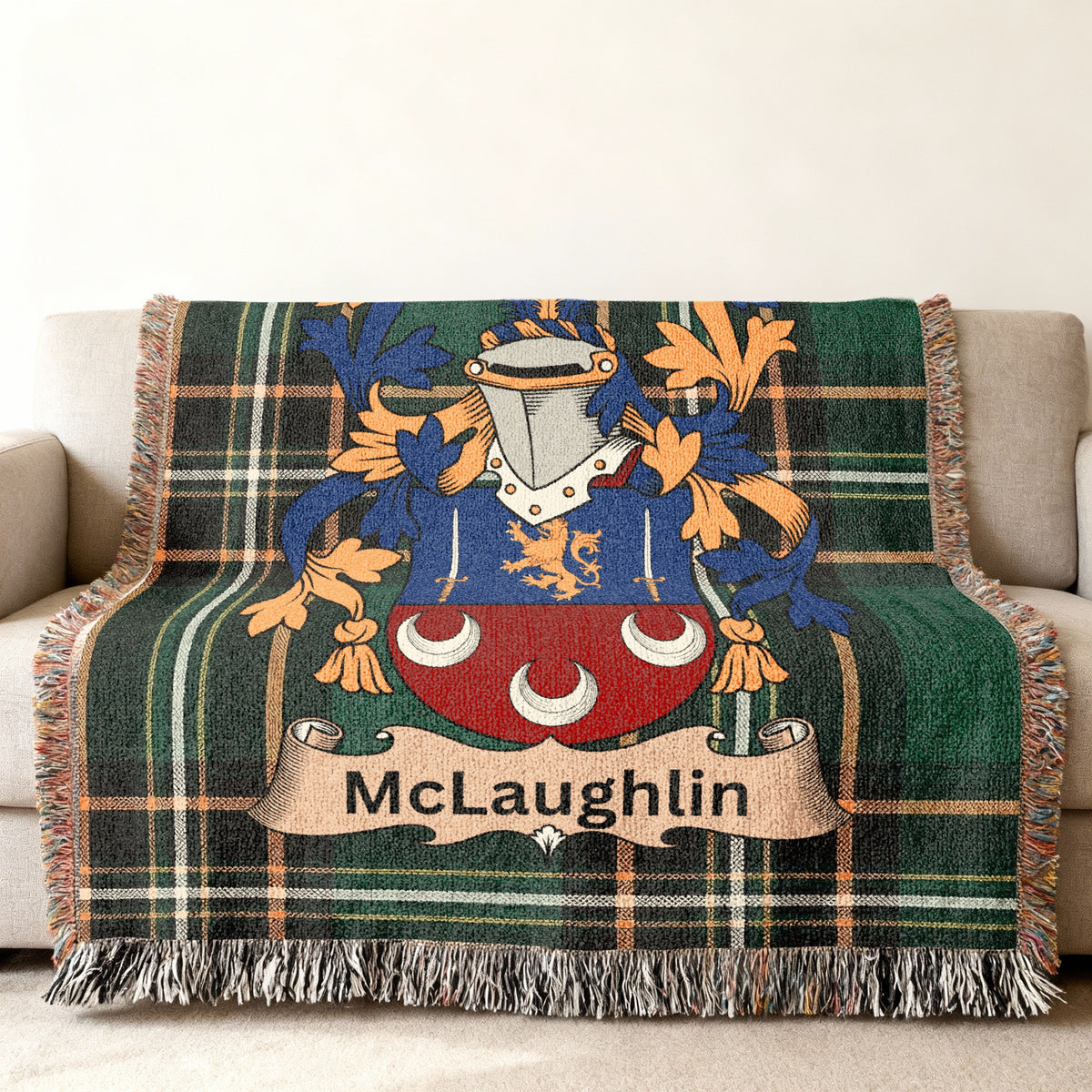 McLaughlin surname cotton woven throw with Irish tartan-style background