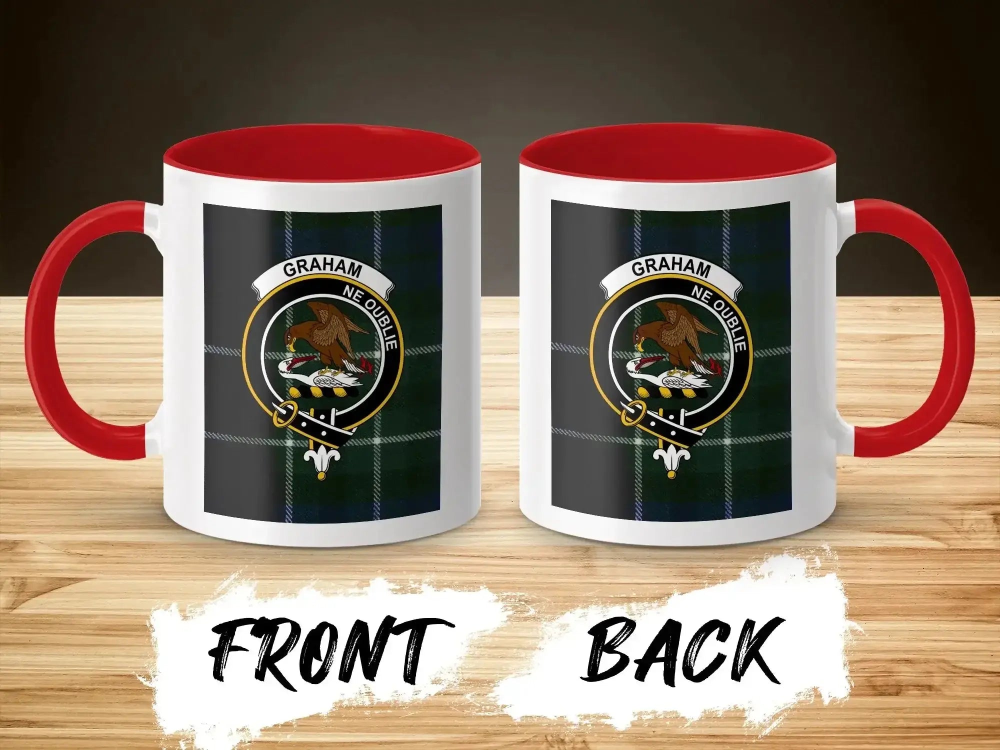 Graham tartan accent mug with red handle — falcon crest print, 15oz ceramic, dishwasher safe