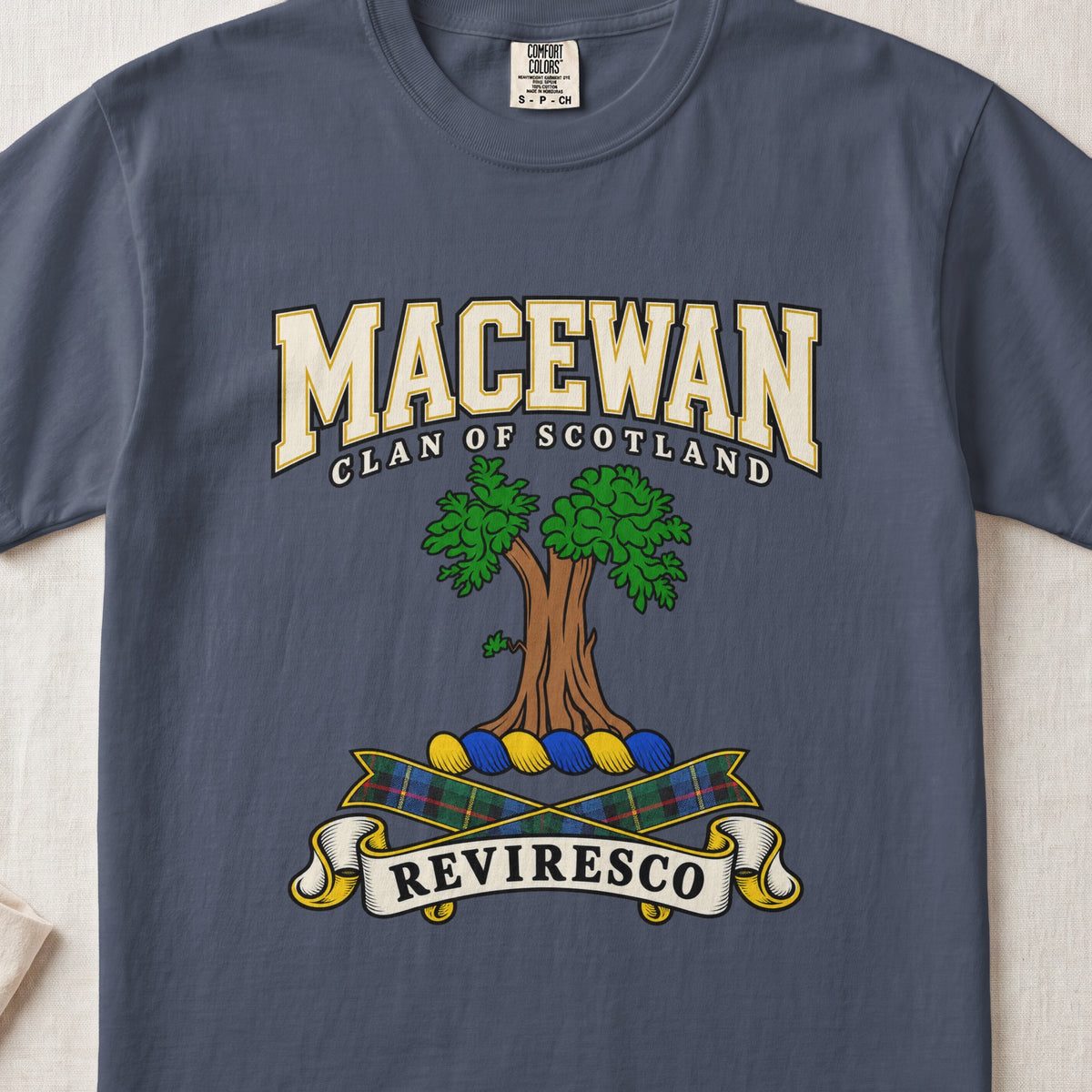 MacEwan Scottish clan graphic T-shirt in Midnight, front view
