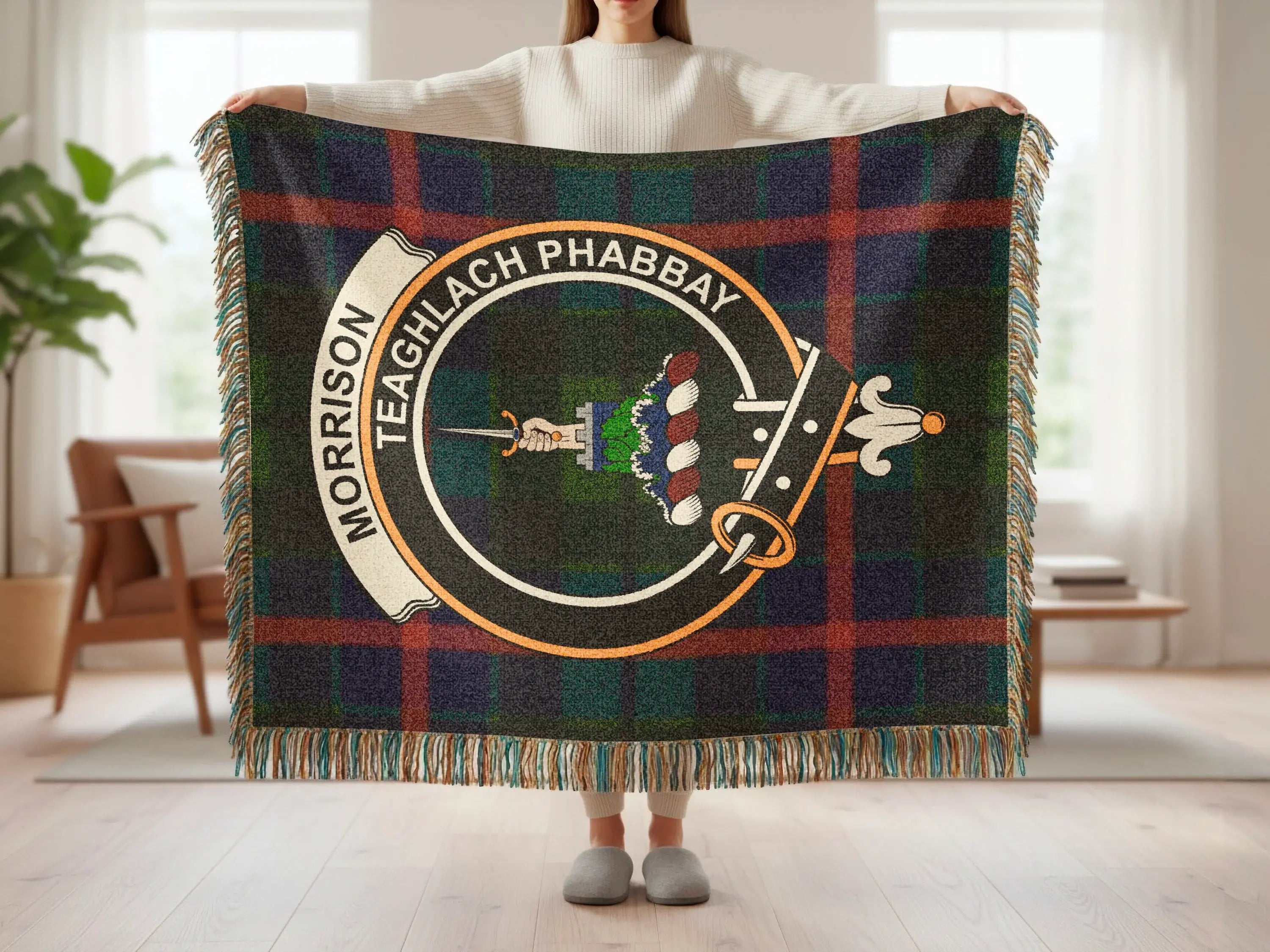 Morrison Teaghlach Phabbay crest tartan woven blanket — cotton throw with fringe edge