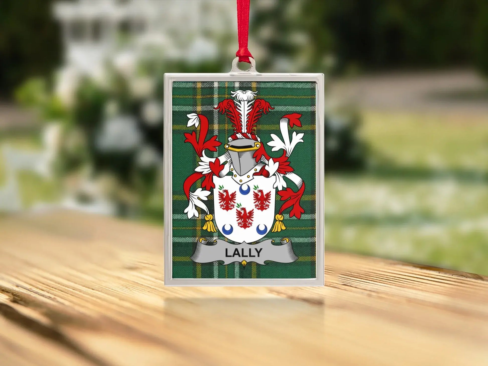 Lally Family Crest Ornament with Red Ribbon product