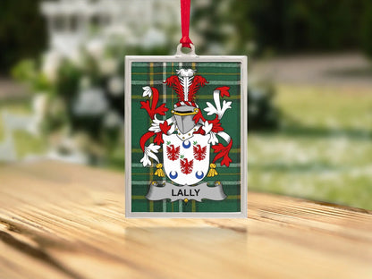 Lally Family Crest Ornament with Red Ribbon product