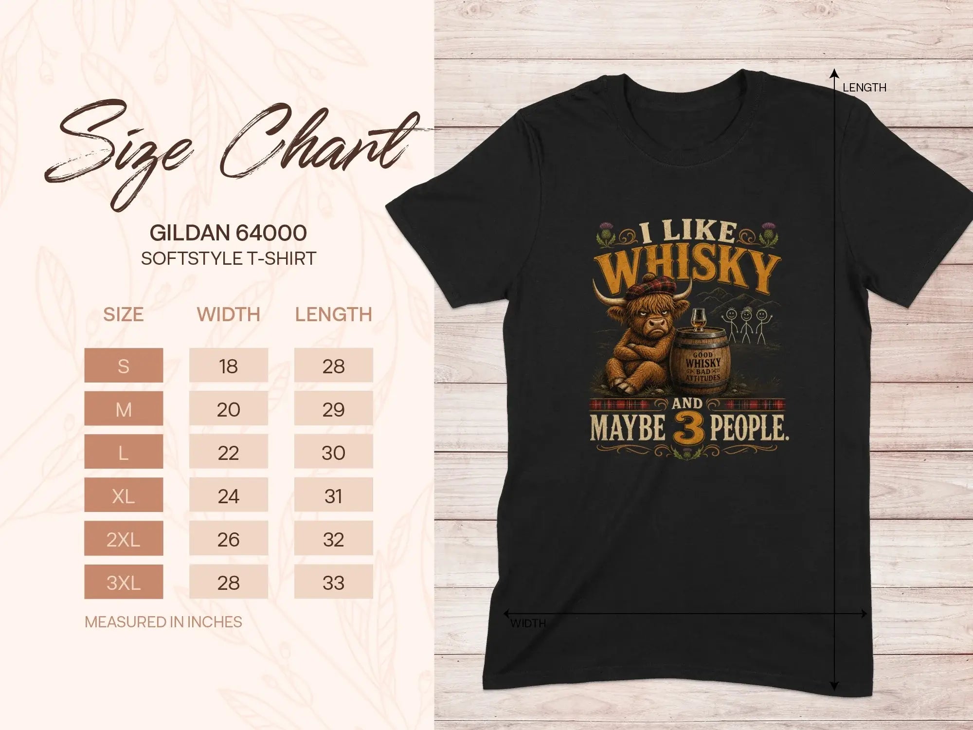 Gildan 64000 softstyle t-shirt size chart with whisky graphic.