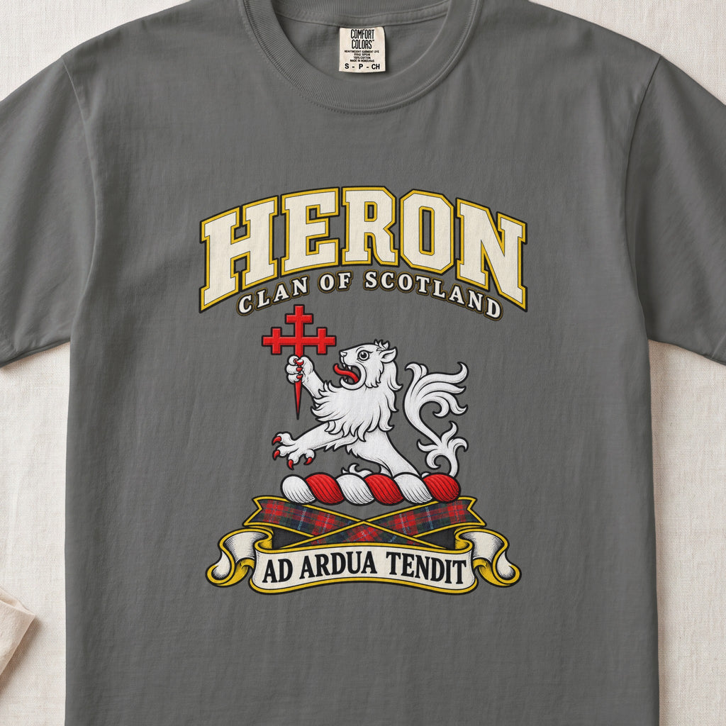 Heron Scottish clan T-shirt in Pepper, front view with a white lion holding a red cross and motto banner.