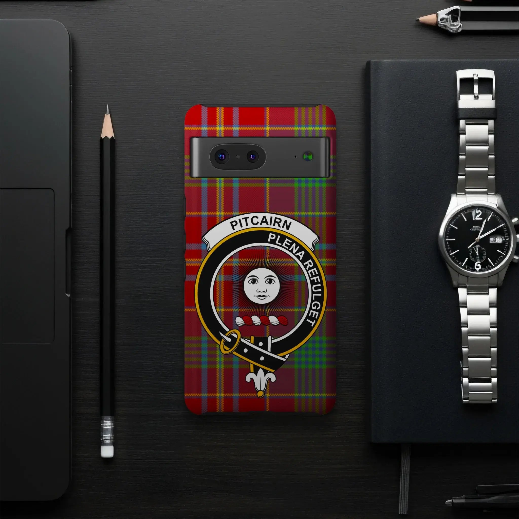 Pitcairn plaid clan crest phone case — impact-resistant glossy wrap, precise port cutouts