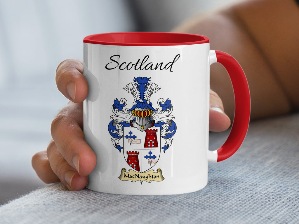 MacNaughton Scotland family shield accent mug with red handle and interior, shown in the 11 oz size