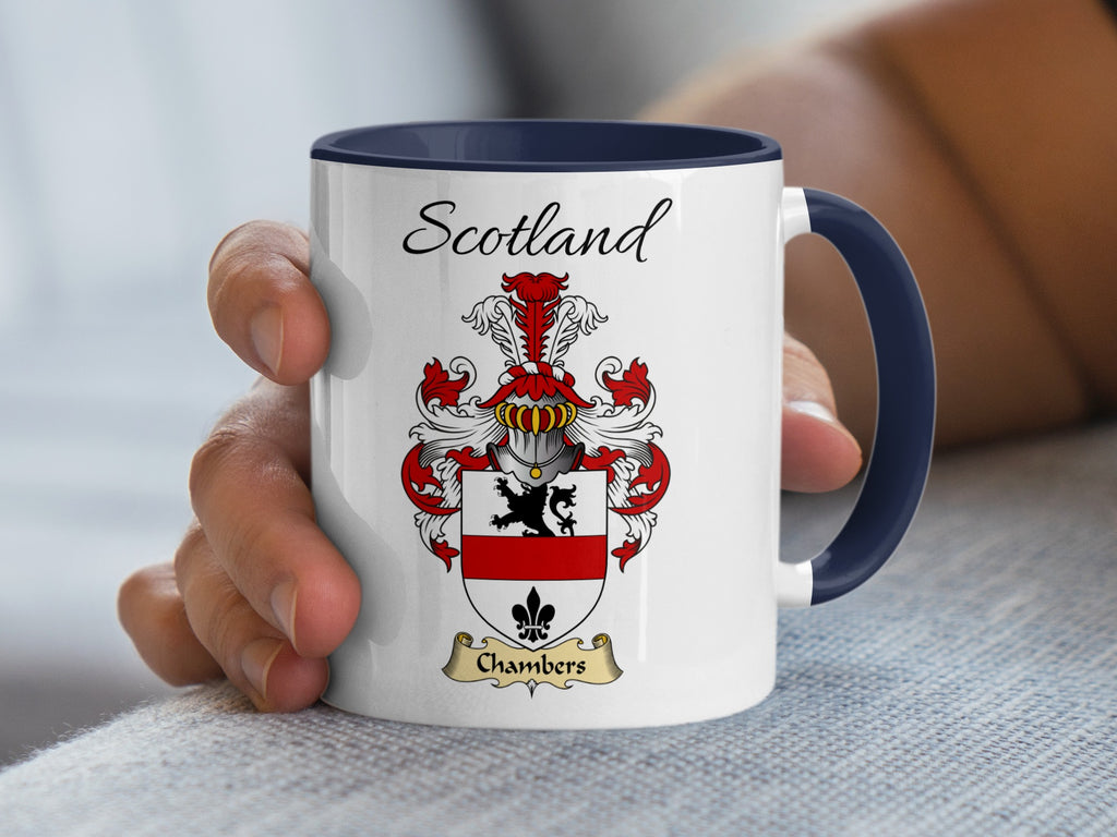White Chambers heritage mug with navy handle and interior, displaying “Scotland” and the colourful family emblem.