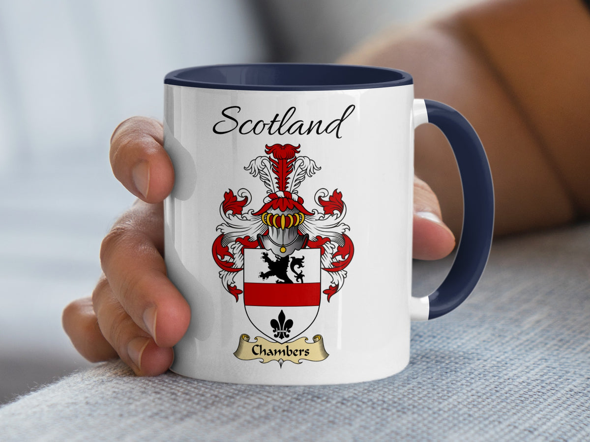 White Chambers heritage mug with navy handle and interior, displaying “Scotland” and the colourful family emblem.