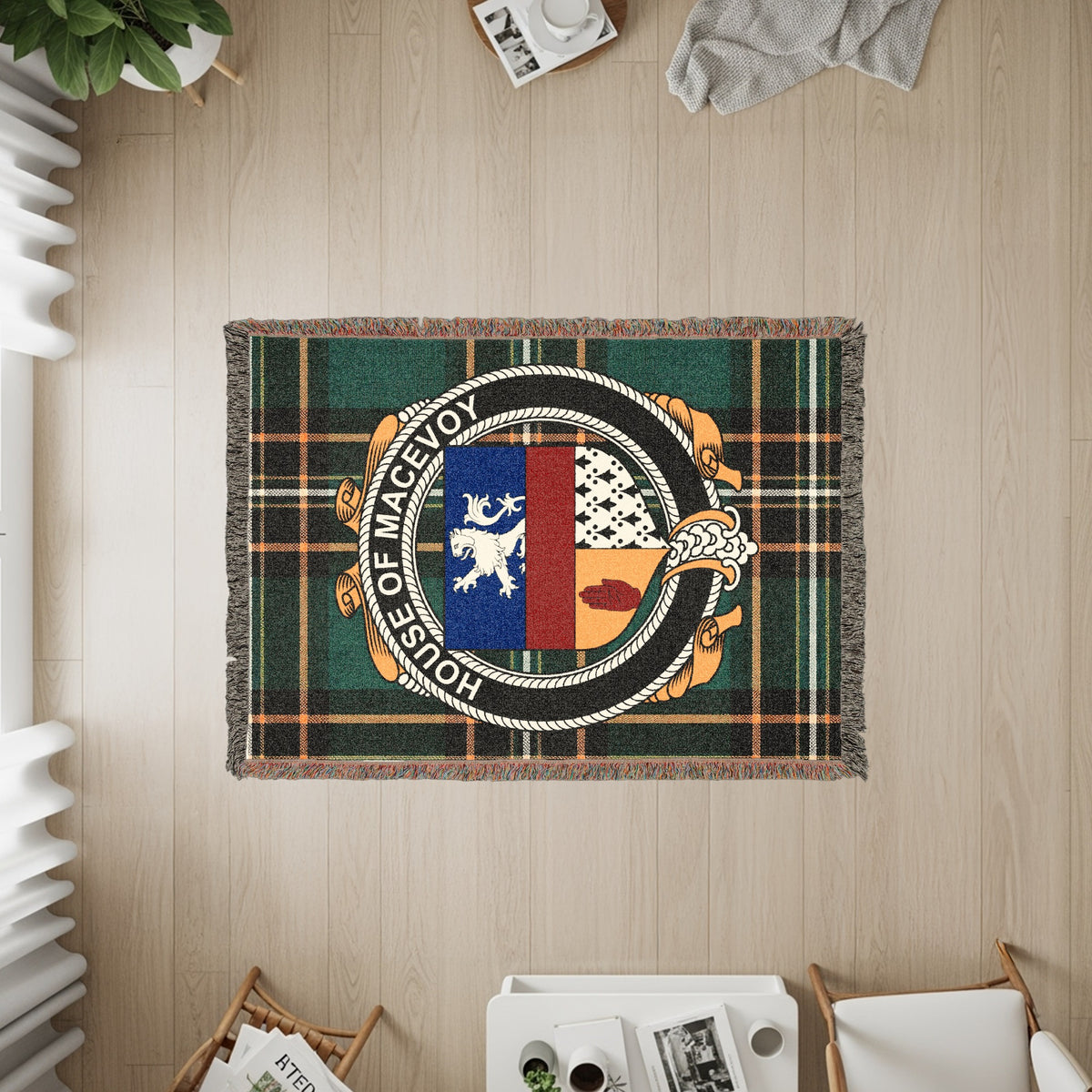 McEvoy Irish heritage woven throw with family crest emblem