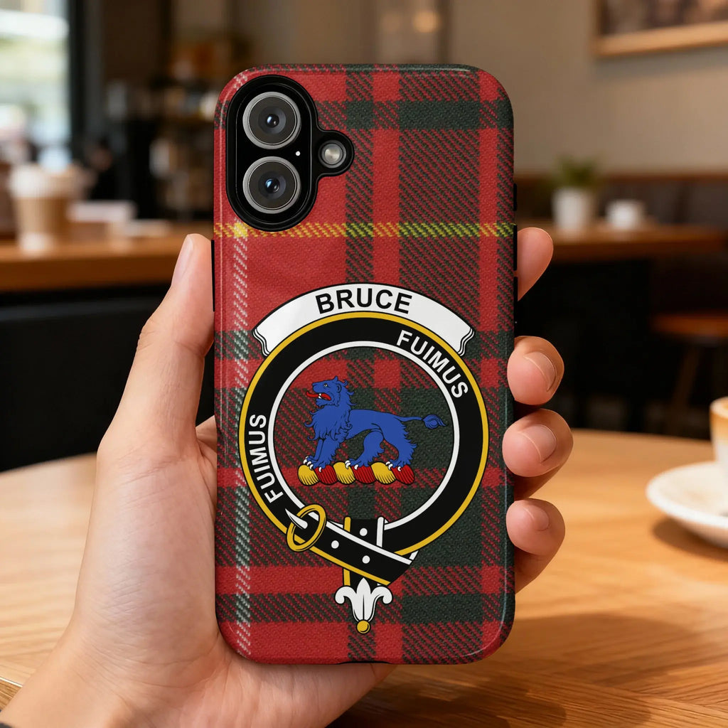 Bruce clan crest tartan phone case on iPhone — edge-to-edge red-yellow design with blue lion