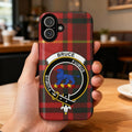 Bruce clan crest tartan phone case on iPhone — edge-to-edge red-yellow design with blue lion