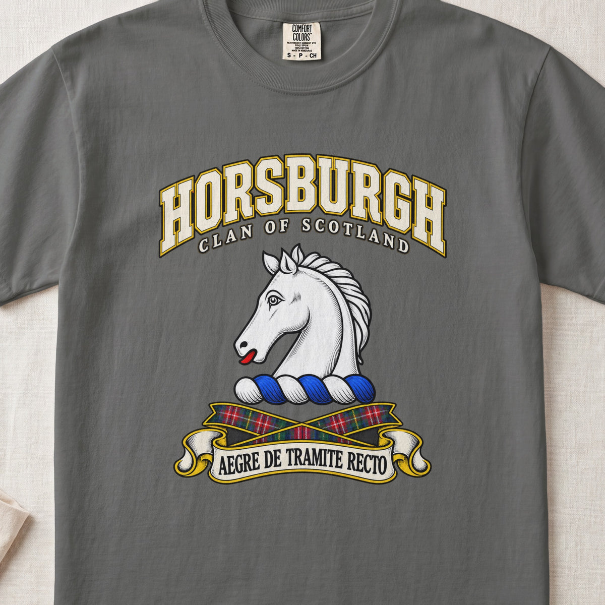 Horsburgh Scottish clan T-shirt in Pepper, front view with a white horse head and motto design.