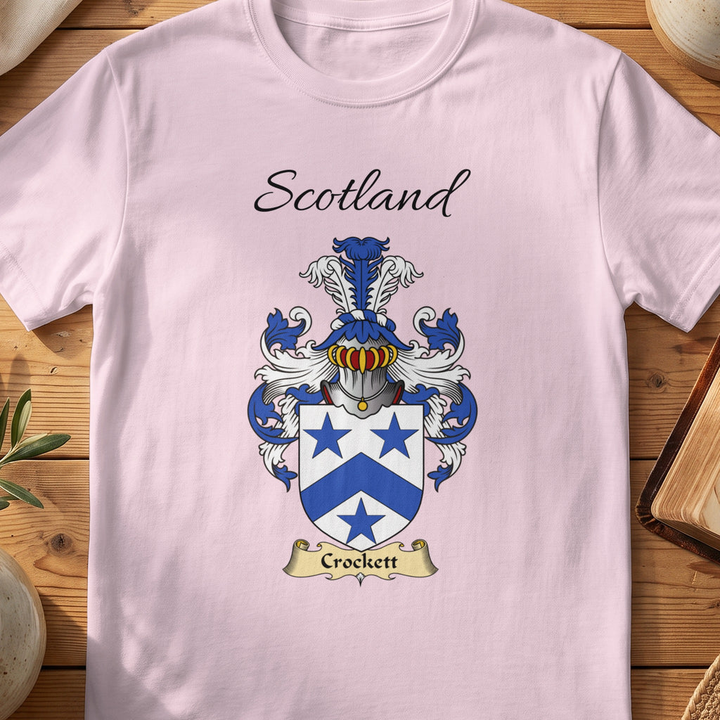 Light Pink Crockett Scottish family shield T-shirt featuring a blue chevron between blue stars