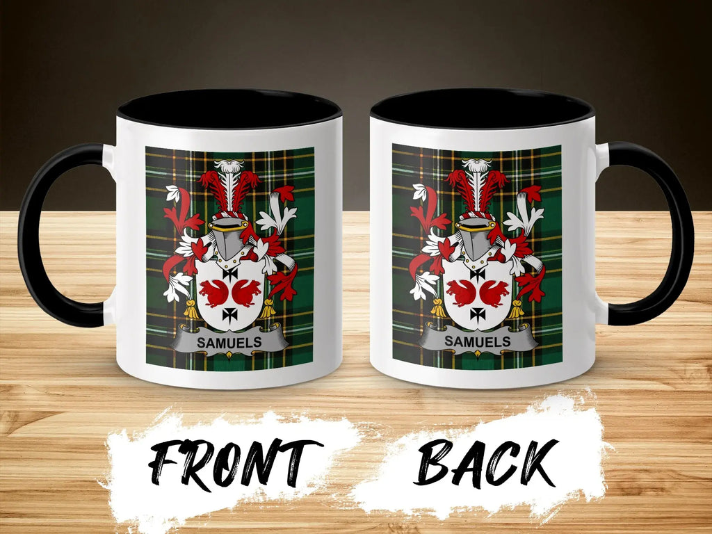 Two white mugs with black handles displaying the "SAMUELS" family crest on plaid background.