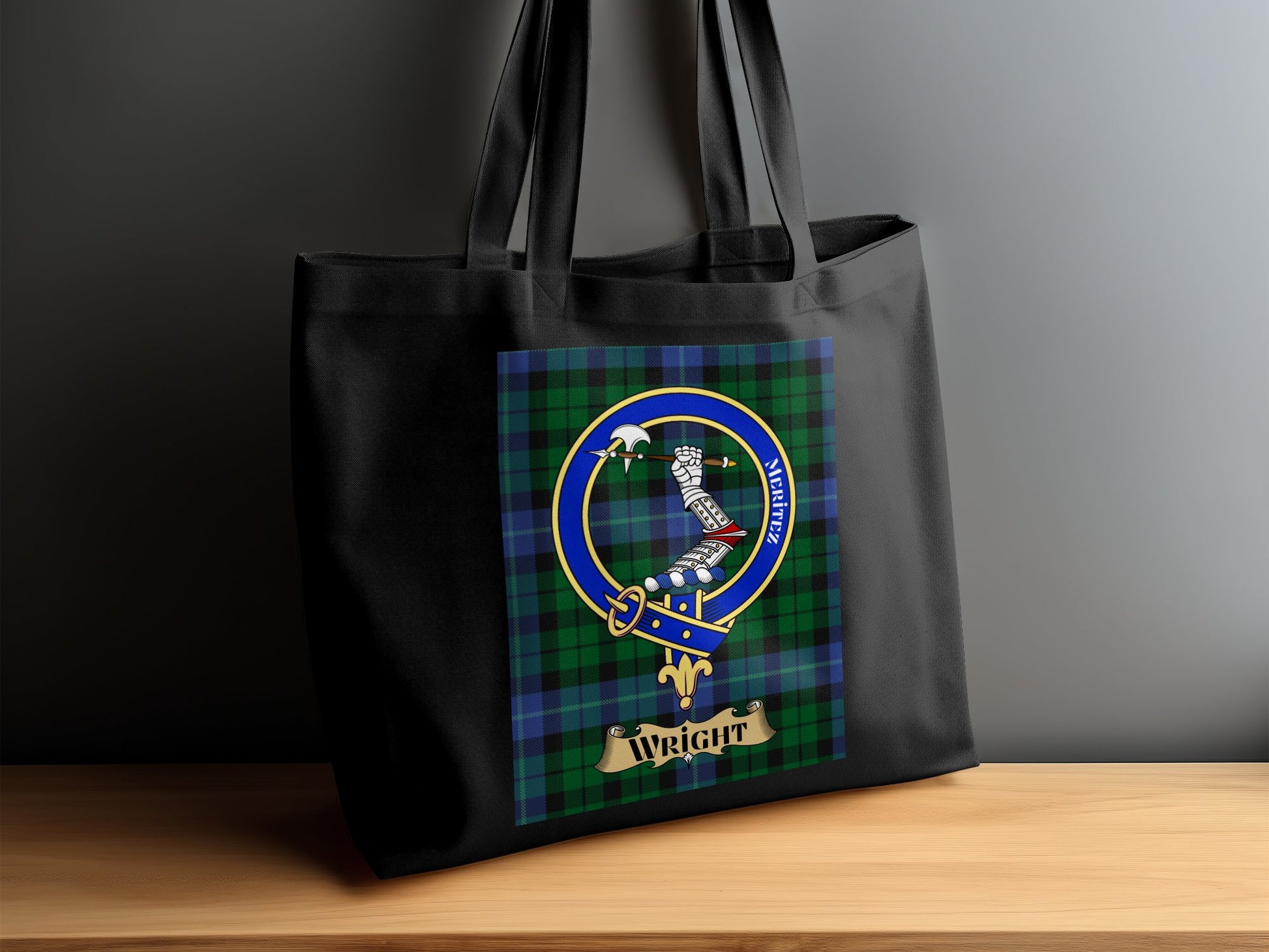 Scottish Clan Crest on Tartan Background Design Tote Bag - Living Stone Gifts