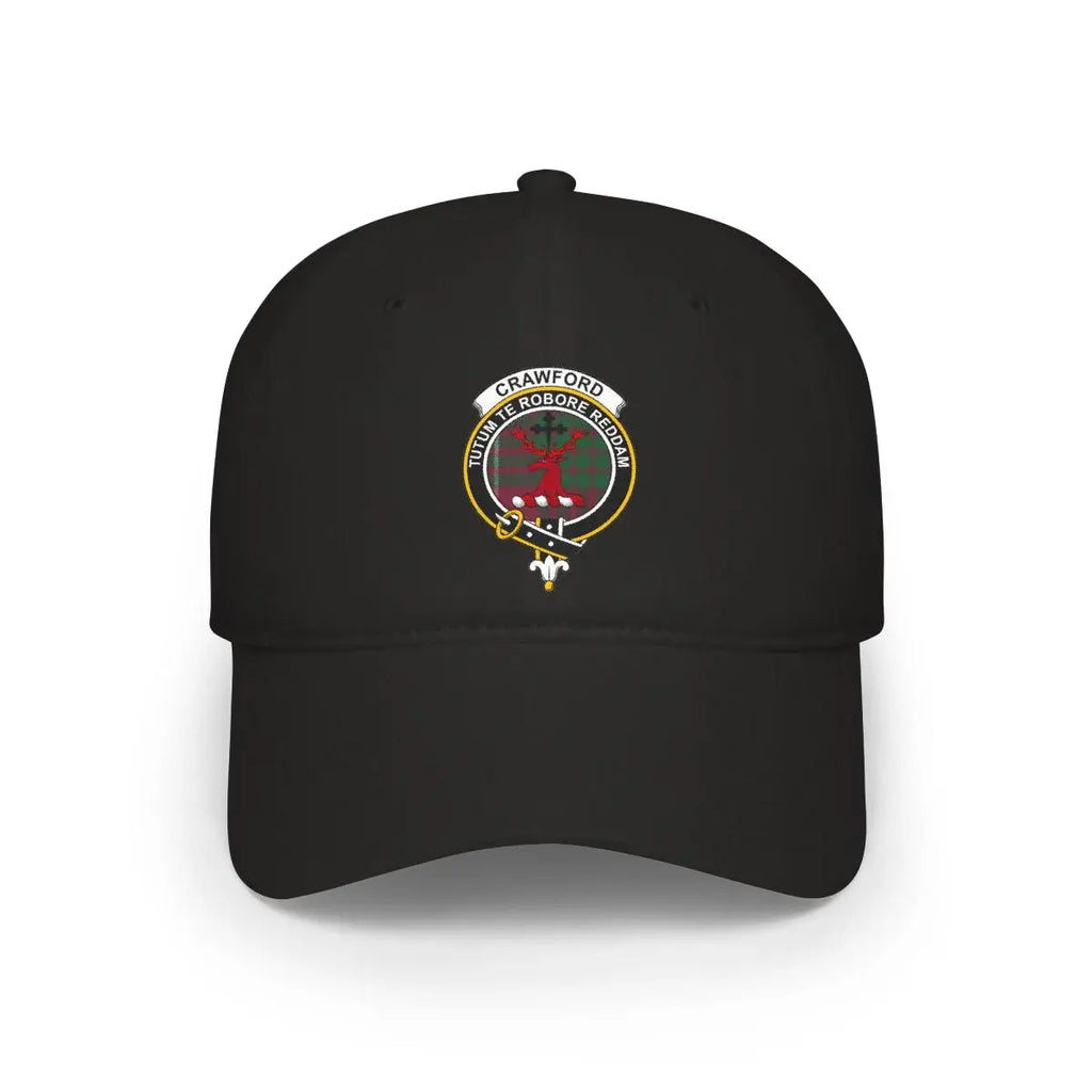 Crawford clan crest tartan cap in khaki — 100% cotton, stag heraldic design on front panel