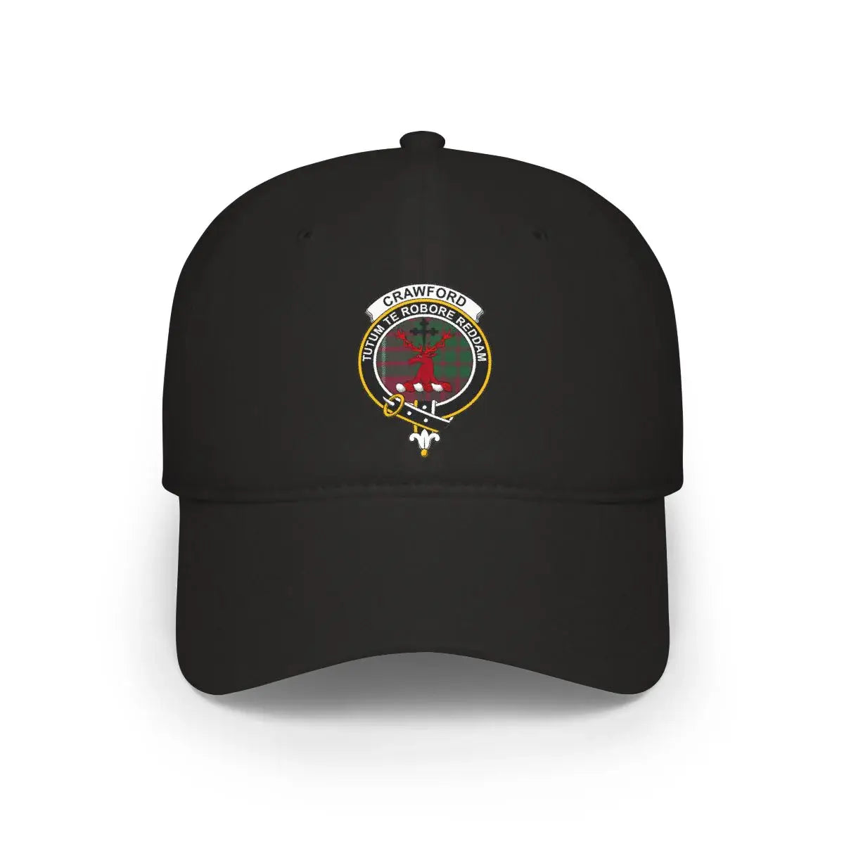 Crawford clan crest tartan cap in khaki — 100% cotton, stag heraldic design on front panel