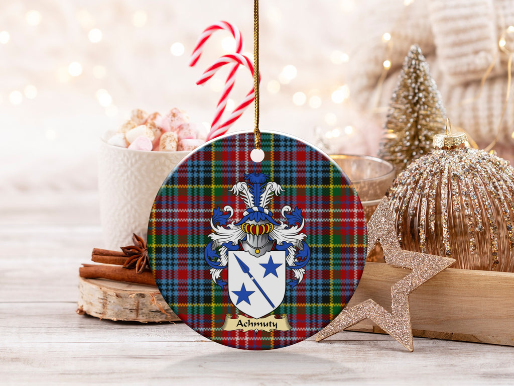 Achmuty family emblem ceramic Christmas ornament with Caledonia tartan background in festive holiday décor