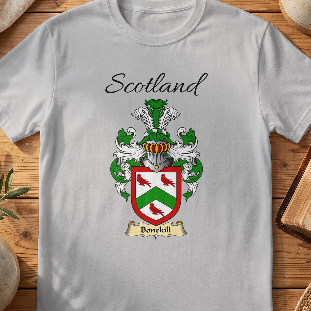 Sport Grey Bonekill Scottish family shield T-shirt featuring a green chevron between red birds