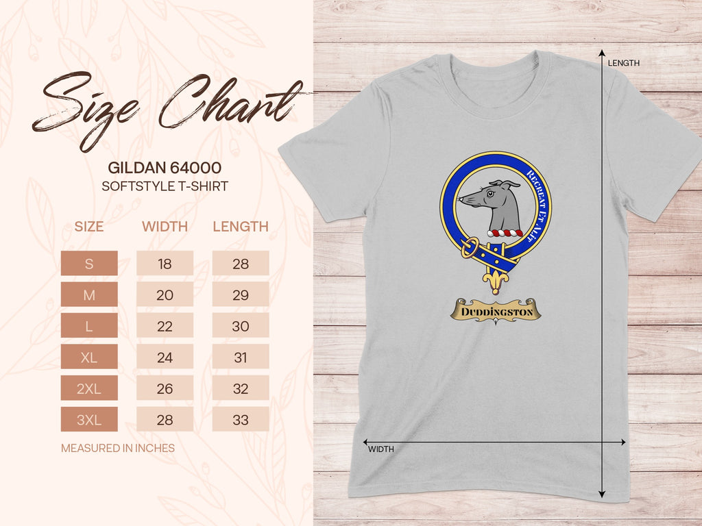 Gildan 64000 size chart for Duddingston Scottish clan crest T-shirt