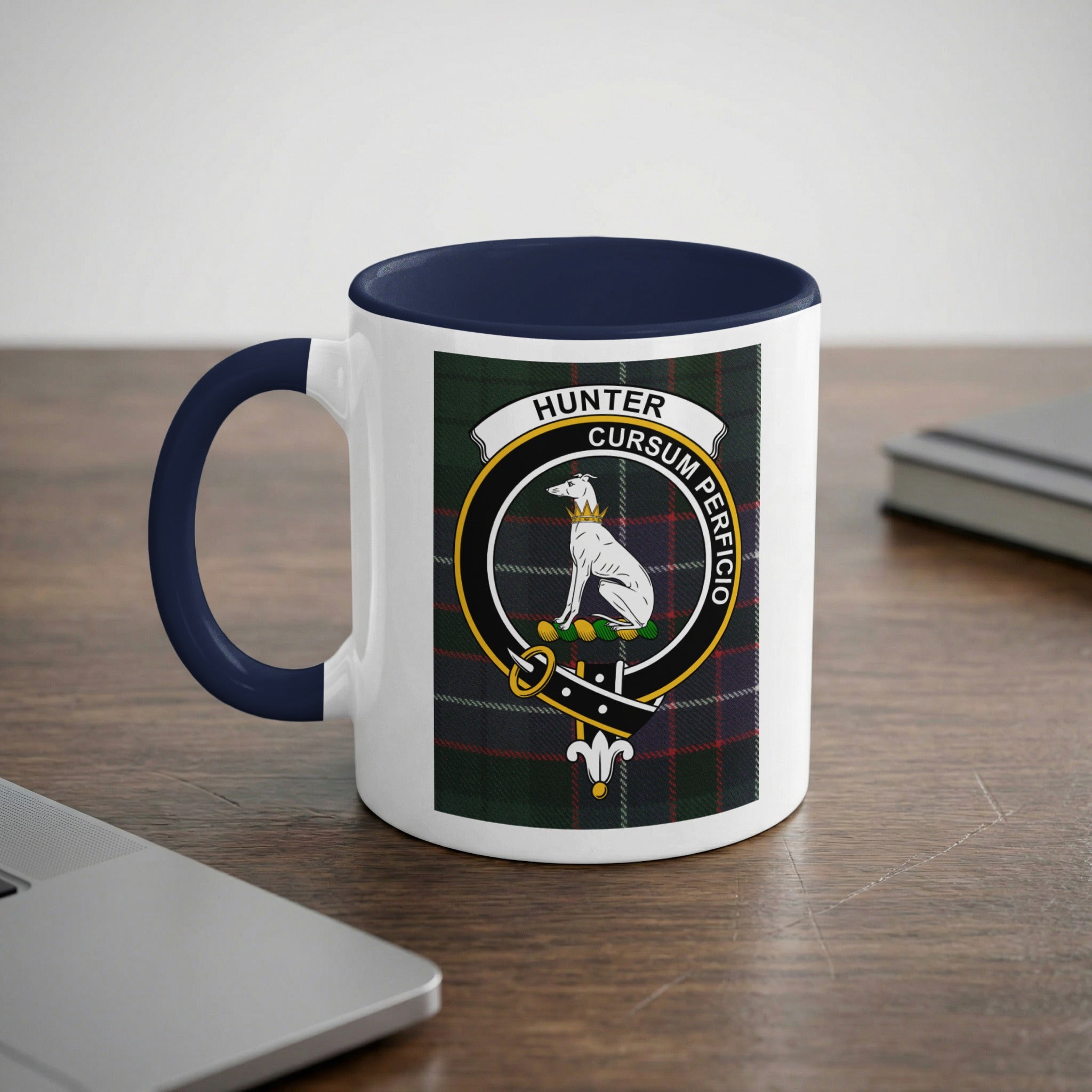 Hunter crest on tartan background mug — navy handle, Scottish heritage gift