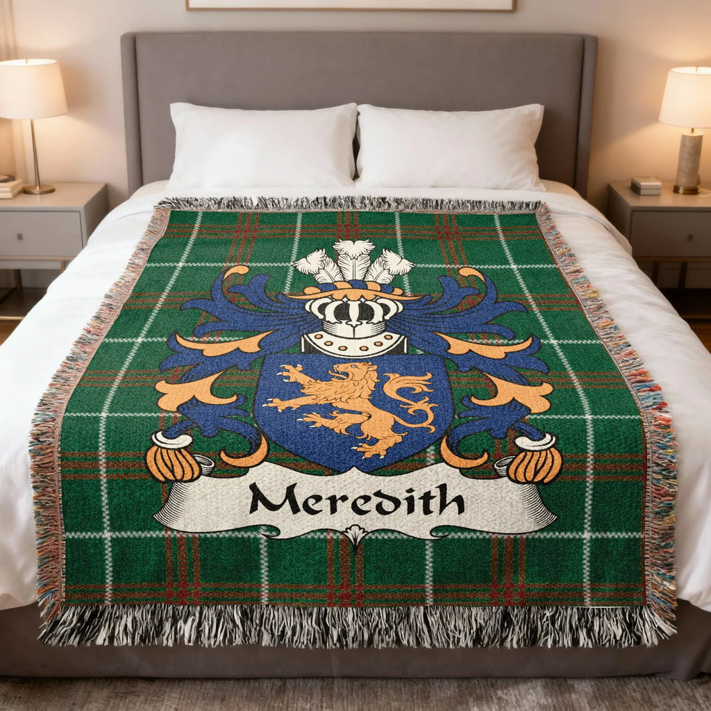 Meredith Welsh crest woven blanket on Welsh national tartan
