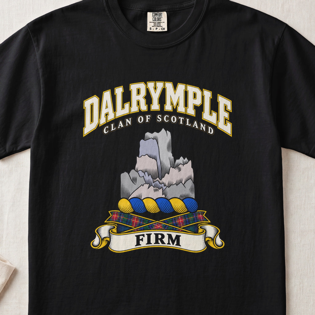Dalrymple Scottish clan T-shirt in Black, front view with a gray rock formation and motto design.