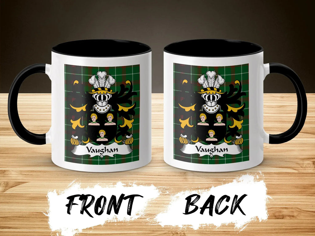 Vaughan Welsh surname coffee mug front and back with coat of arms on tartan